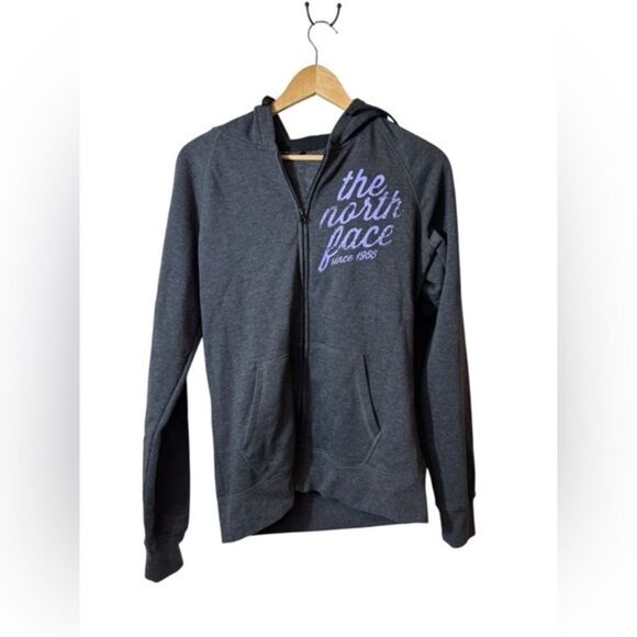 The North Face Gray Hoodie with Purple Logo medium zip up - Picture 1 of 4
